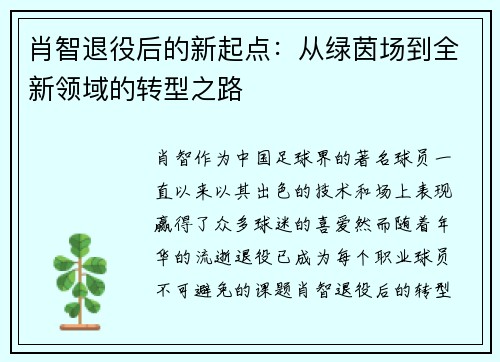 肖智退役后的新起点：从绿茵场到全新领域的转型之路