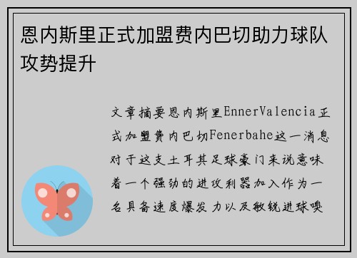 恩内斯里正式加盟费内巴切助力球队攻势提升
