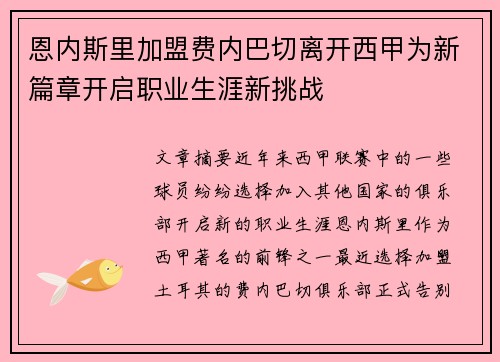 恩内斯里加盟费内巴切离开西甲为新篇章开启职业生涯新挑战